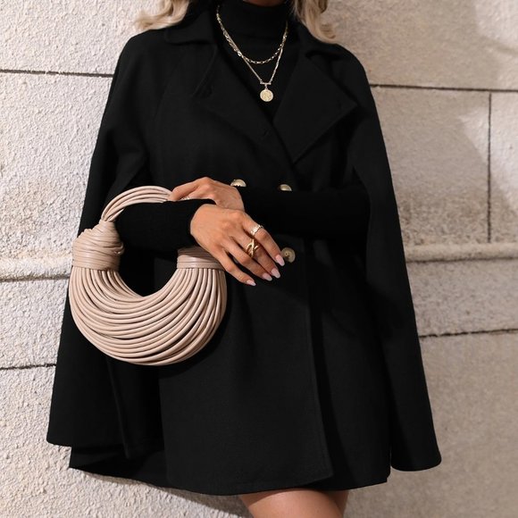 Double Breasted Cloak Sleeve Cape Overcoat Black - Picture 5 of 7